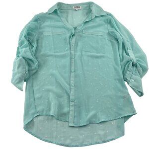 Express The Portofino Shirt Medium Mint Green Sheer Long Sleeve Button-Down‎